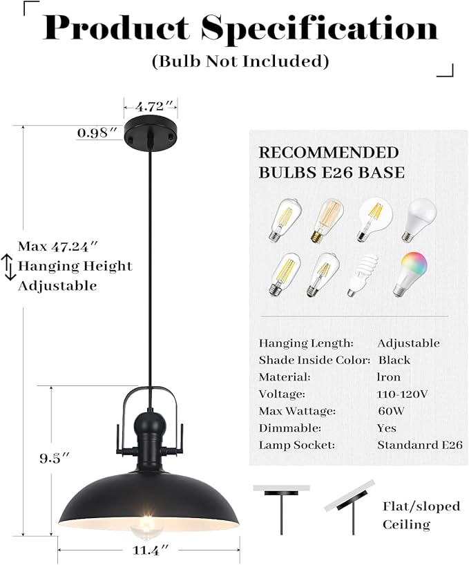 Black Pendant Lights 3 Pack, Dome Pendant Light Kitchen Island 13.8 Inch, Black Farmhouse Pendant Light, Industrial Pendant Lights for Kitchen Barn Hallway Porch Dining Room