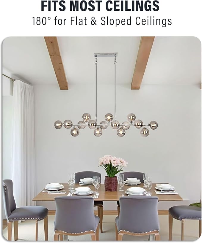 55 Inch Long Chandeliers for Dining Room Kitchen Island, Large Globe Sputnik Linear Chandelier, 16 Lights Mid Century Modern Light Fixture Over Table, Chrome and Smoke Grey Bubble, GC-08