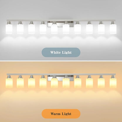 10-Light Bathroom Vanity Light Brushed Nickel,64.5in Vanity Lights with White Frosted Glass,Modern Bathroom Wall Lights Fixtures Over Mirror,Wall Sconces Lighting for Bedroom Living Room,E26
