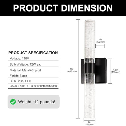 DORESshop Modern Wall Sconces Set of Two, 3CCT Crystal Bathroom Sconces Wall Light, Black Vanity Light Fixture, Sconce Wall Decor Set of 2, Wall Lights for Bedroom, Living Room, Hallway 18in
