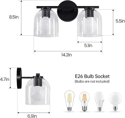 WOSHITU Bathroom Vanity Light Fixtures: 14.2 Inch Modern Black Vanity Lighting Fixtures Over Mirror with Clear Glass Shade, Matte Black 2 Light Fixtures for Bathroom Above Mirror, Wall Mount Sconces
