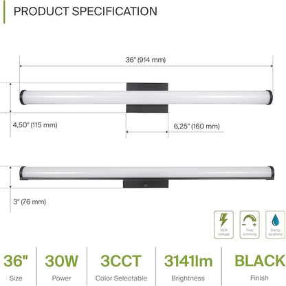 ASD 36" LED Linear Vanity Light Fixture, Modern Bathroom Sconce — 3 Color 3000K-5000K, Dimmable, 30W 2100LM, Energy Star & ETL Listed — Over Mirror Makeup Slim Bar for Bedroom, Cabinets — Black