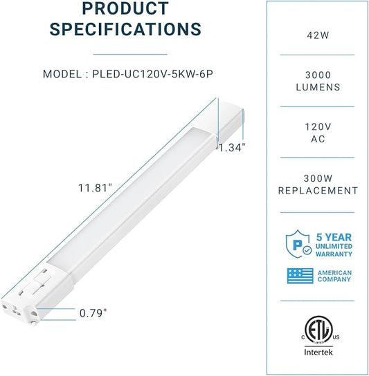 Parmida (6 Pack) LED Under Cabinet Lighting Kit, 12 Inch, 5CCT Color Selectable, 42W, Linkable Light Bar for Kitchen Counter Closet Shelf, Plug-In, On/Off Switch, Dimmable Damp Location Rated 120V ETL