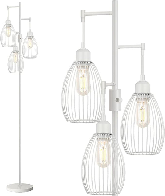 Dimmable Floor Lamp, 3 x 800LM LED Edison Bulbs Included, Farmhouse Industrial Floor Lamp Standing Lamp with Elegant Teardrop Cage Head Tall Lamp for Living Room Bedroom Office Dining Room - White