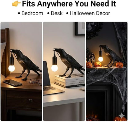 Shandaglo Raven Lamp Gothic Decor, Black Crow Table Lamp with LED Bulb, Unique Dark Aesthetic Night Light for Bedroom Desk, Halloween Home Decoration Gift