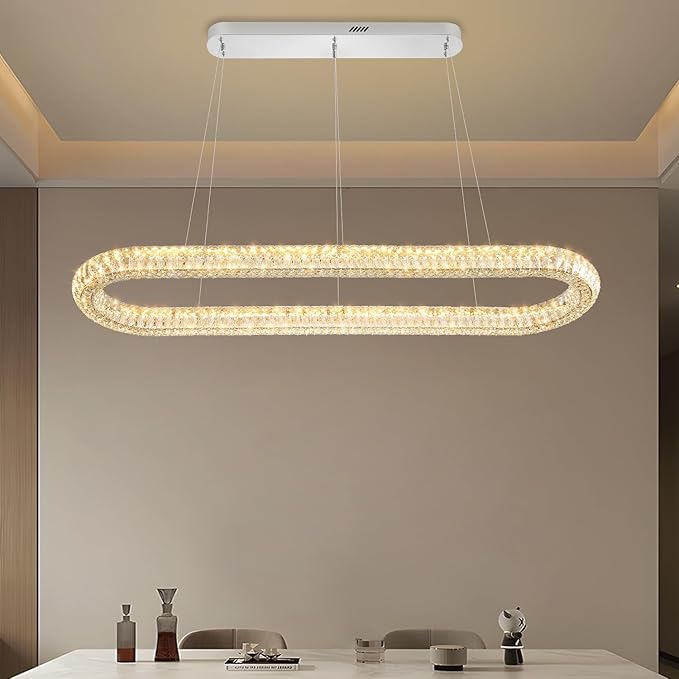 Crystal Ring Chandelier for Living Room, Modern Linear Oval Chandeliers for Dining Room 47.2'' Chrome Ring Pendant Light for Kitchen Island Dimmable 3000K-6000K