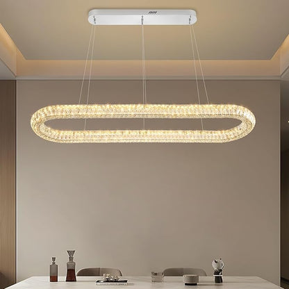 Crystal Ring Chandelier for Living Room, Modern Linear Oval Chandeliers for Dining Room 47.2'' Chrome Ring Pendant Light for Kitchen Island Dimmable 3000K-6000K