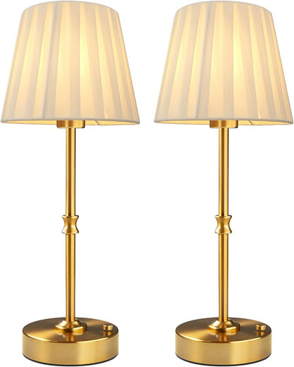 EppieBasic Cordless Table Lamp Rechargeable: Fast Charging & Long Lasting - 2700K Warm Light Vintage Gold Lamps - Dinning Living Room Bedroom - Pleated Shade - 2 Pack