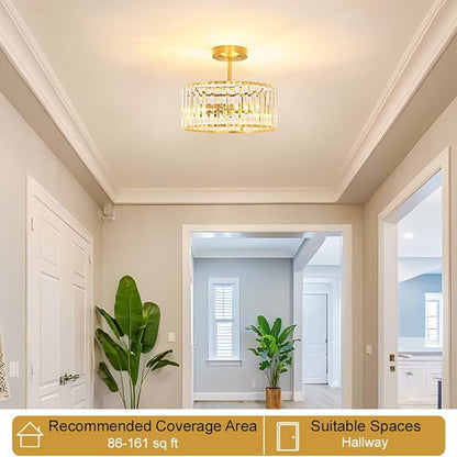 Lxybcce Modern Crystal Ceiling Light, Brushed Gold Semi Flush Mount Ceiling Lighting Fixture, Brass Hallway Light Fixtures Chandelier for Kitchen, Bedroom Dining Room Hallway Closet, 3-Light, 12 Inch