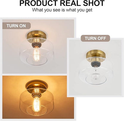 BISAMIYA Modern Gold Ceiling Light Fixture, Brass Finish Semi Flush Mount Ceiling Light with 8.66" Clear Glass Shade for Kitchen, Hallway, Entryway, Cafe