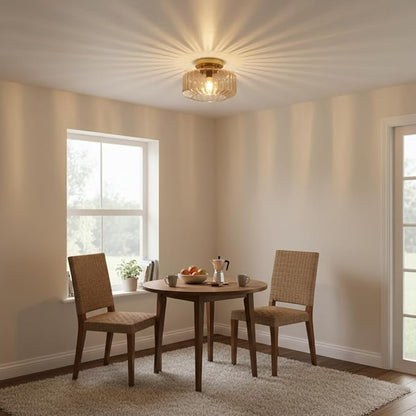 Amber Semi-Flush Mount Ceiling Light, Mid-Century Small Ceiling Light Fixture, E26 Base 1-Light Gold Ceiling Lamp for Kitchen Bathroom Hallway Bedroom Entryway