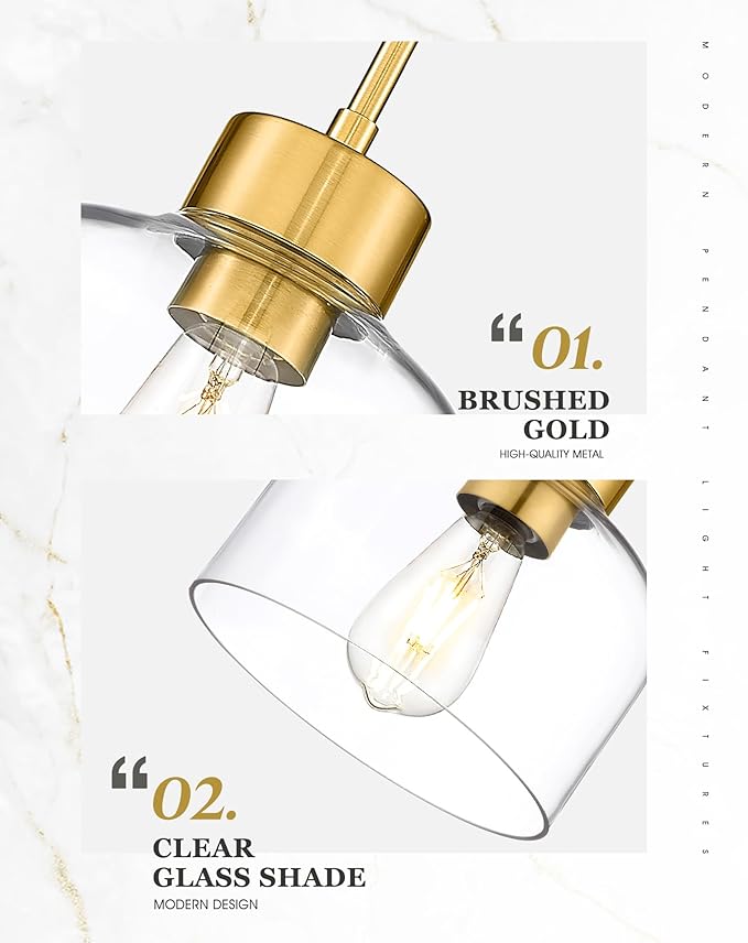 Gold Pendant Lights Kitchen Island, 8" Hanging Light Fixtures with Clear Glass Shade, Modern Brass Kitchen Pendant Lighting Over Island for Dining Room, AD-24024-1PL-GD