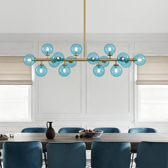 Mid Century Modern Blue Glass Gold Chandelier Rectangle Pendant Light Fixtures Linear Sputnik Chandeliers for Kitchen Island Dining Room Over Table