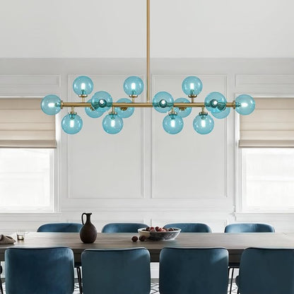 Mid Century Modern Blue Glass Gold Chandelier Rectangle Pendant Light Fixtures Linear Sputnik Chandeliers for Kitchen Island Dining Room Over Table