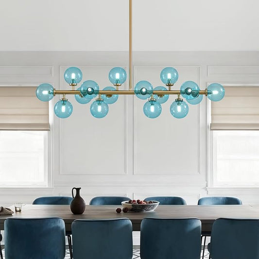 Mid Century Modern Blue Glass Gold Chandelier Rectangle Pendant Light Fixtures Linear Sputnik Chandeliers for Kitchen Island Dining Room Over Table