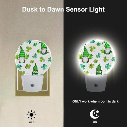 EKOBLA St. Patrick's Day Gnome Plug-in Night Light, Green Shamrock Clover LED Nightlight with Auto Sensor for All Ages