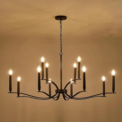 Black Living Room Chandelier 12 Light Hight Ceiling Foyer Candle Chandelier Large Dining Room Light Fixture Over Table 44in Metal Modern Chandeliers Hanging Light for Entry Master Bedroom