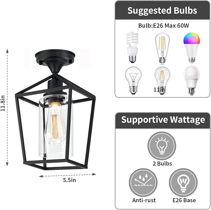 Melovom Clear Glass Semi Flush Mount Industrial Vintage Ceiling Light Fixtures, Black for Hallway, Porch, Dining Room, Kitchen