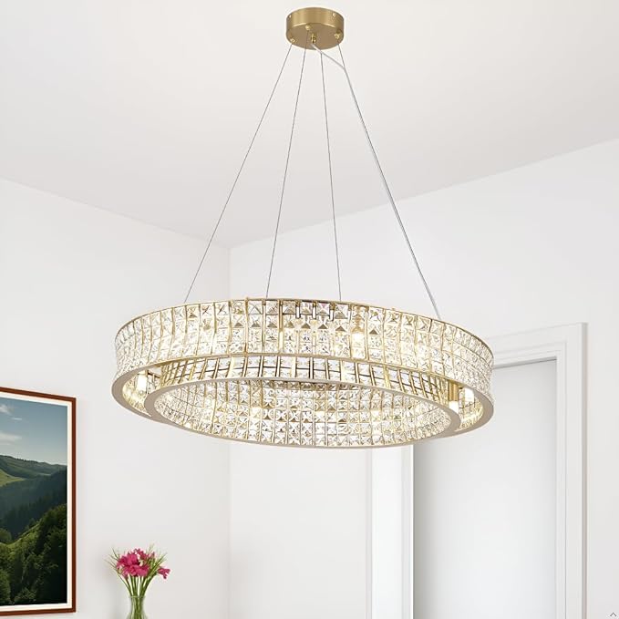Modern Crystal Chandelier Round 16-Light Contemporary Hanging Ceiling Light Fixture Copper/Brass Finish with Rectangular Crystals Dining Room Living Room Bedroom Entryway Lighting Easy Install 31.5''