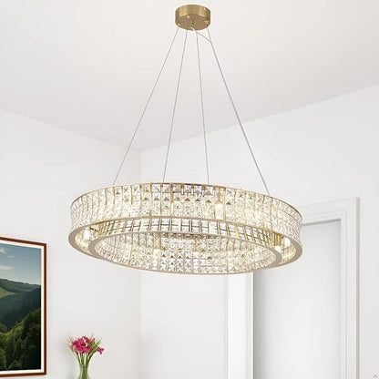 Modern Crystal Chandelier Round 16-Light Contemporary Hanging Ceiling Light Fixture Copper/Brass Finish with Rectangular Crystals Dining Room Living Room Bedroom Entryway Lighting Easy Install 31.5''