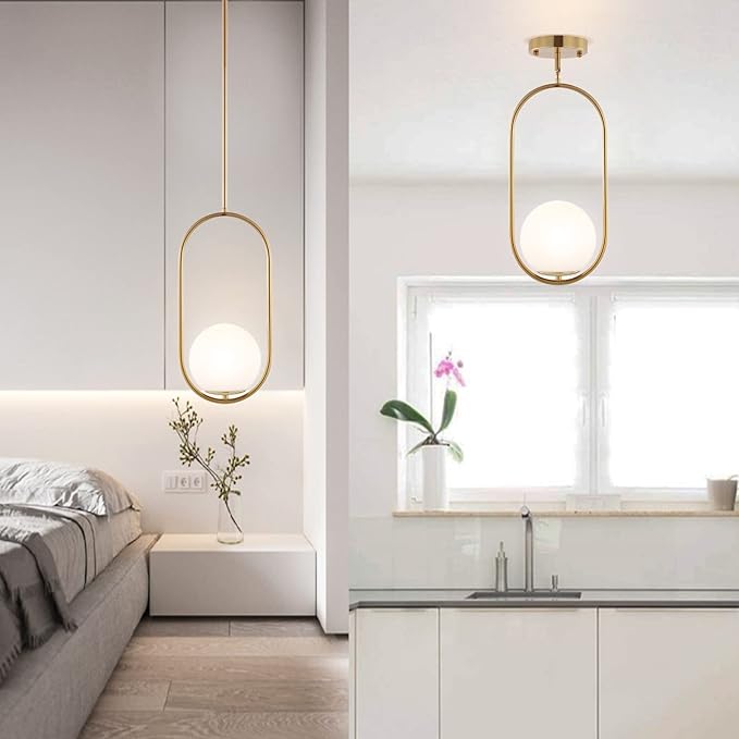 BYOLIIMA Modern Gold Globe Pendant Light Mid Century Chandelier 1-Light Brushed Brass Ceiling Hanging Lighting Fixture with White Globe Glass Lampshade for Kitchen Island Dining Room Bedroom (2 Pack)