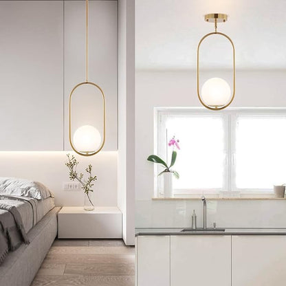 BYOLIIMA Modern Gold Globe Pendant Light Mid Century Chandelier 1-Light Brushed Brass Ceiling Hanging Lighting Fixture with White Globe Glass Shade for Kitchen Island Dining Room Bedroom