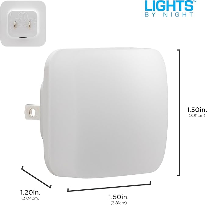 Lights by Night Mini Square LED Night Light, Plug in, Dusk to Dawn Sensor, Warm 3000K, Compact Single Outlet Design (Doesn’t Block 2nd Outlet), Ambient Lighting, Bedroom, Bathroom, 2 Pack, 82487