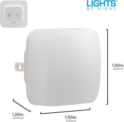 Lights by Night Mini Square LED Night Light, Plug in, Dusk to Dawn Sensor, Warm 3000K, Compact Single Outlet Design (Doesn’t Block 2nd Outlet), Ambient Lighting, Bedroom, Bathroom, 2 Pack, 82487