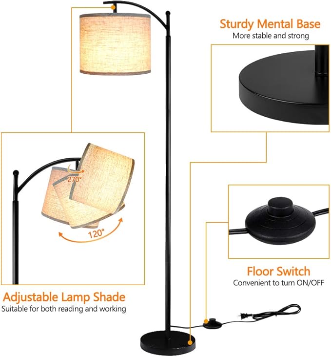 ROTTOGOON Floor Lamp for Living Room with 3 Color Temperatures LED Bulb, Standing Lamp Tall Industrial Floor Lamp Reading for Bedroom, Office (9W LED Bulb, Beige Lampshade Included) -Black
