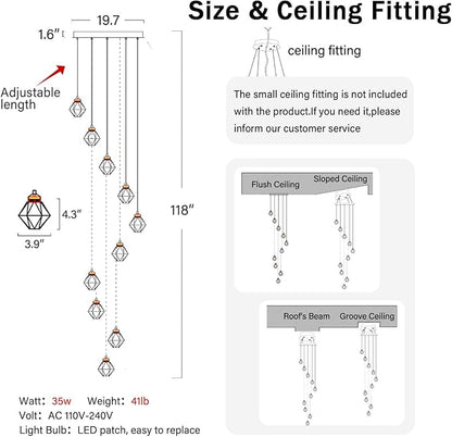 10-Light Modern Chandeliers for Foyer Crystal Chandelier for Living Room Chrome Pendant Light Staircase Chandeliers for High Ceilings Dimmable LED Hanging Light with Remote