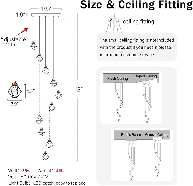 10-Light Chandelier Staircase Chandeliers for High Ceilings Crystal Chandeliers for Living Room Black Pendant Light Dimmable LED Hanging Light with Remote