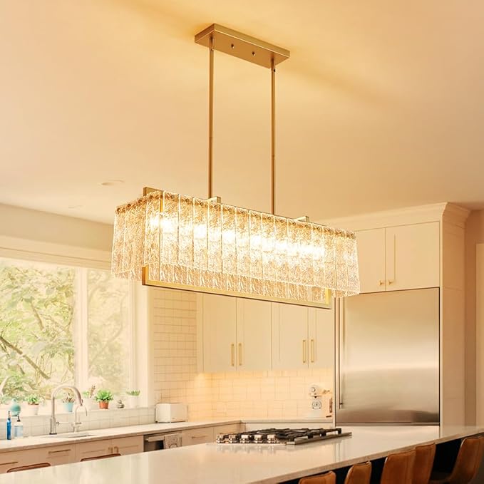 Shrine Lighting Gold Chandeliers, Modern Design, Rectangular Glass Chandelier for Living Space, L30'' × W10'' × H12'', Adjustable 78'', 6 x E12 Sockets, Glass LampShade & Brass Finish Frame