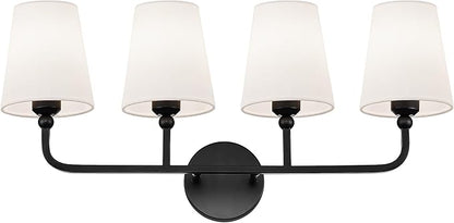 Bathroom Light Fixtures, 4 Light Matte Black Vanity Lights with Flared White Fabric Shade, 28 Inch Wall Sconce, Modern Sconces Wall Lighting for Hallway Bedroom, VL837-MB-4