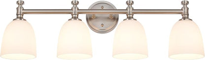 Bathroom Vanity Light, 4-Light Bathroom Light Fixtures Over Mirror, Traditional Vanity Lights for Living Room, Milk White Bell Glass Shades, Standard E26 Base, Brushed Nickel