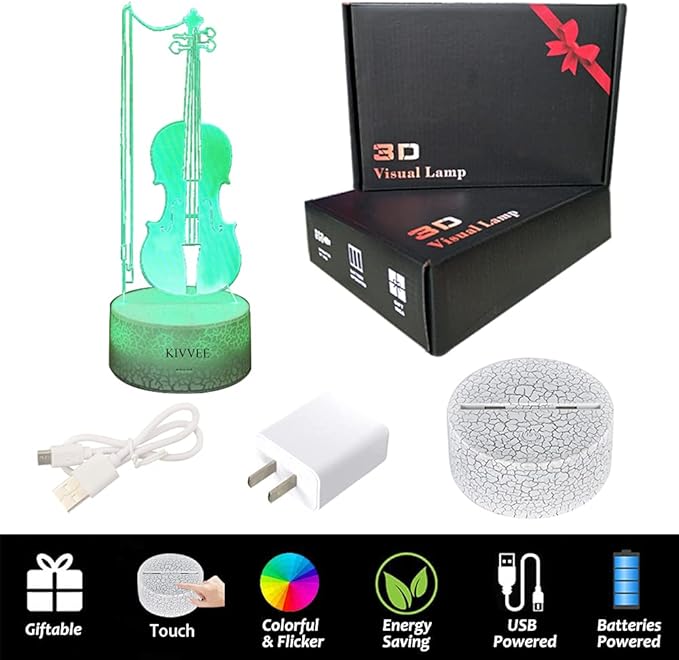 Violin Instrument Night Light 3D Visual Desk Lamp Violin Toy Household Home Room Decor 7 Colors Change Bedroom Touch Table Light Birthday Gift Christmas for Kids and Adult Violin Lover