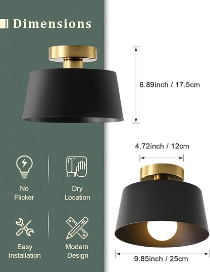 Modern Semi Flush Mount Ceiling Light with Gold Plate and Matte Black Shade, Farmhouse Ceiling Light Fixture for Kitchen Island Dining Room Foyer Hallway Porch Barn Loft，10in (Black)