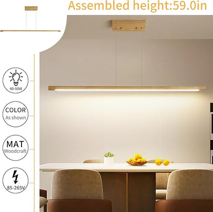 Modern Wooden Pendant Light, 47IN White Ash Wood Chandelier with Remote Control 3000k-6500K Adjustable Color Temperature，Aluminum Island Lighting Lamp for Dining Room, Living Room B