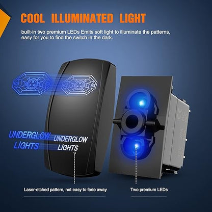 Nilight Underglow Lights Rocker Switch Led Light Bar 5Pin Laser On Off SPST switches 20A/12V 10A/24V Blue with Jumper Wires Set for Cars Trucks RVs