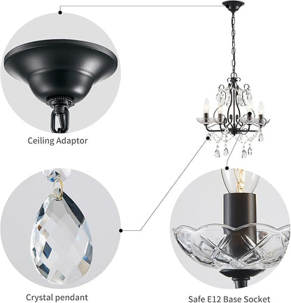 WUZUPS Crystal Candle Chandelier Pendant Flushmount Ceiling Light Modern Lighting Fixture for Bedroom Hallway Bar Kitchen Bathroom, H 14" x W 16", Black, E12 Base