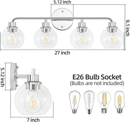 Bathroom Light Fixtures Chrome Vanity Light 27 Inch Silver 4 Light Modern Wall Sconces Lighting Bathroom Lights with Globe Glass Shades Bath Wall Lights for Mirror Kitchen Living Room Hallway