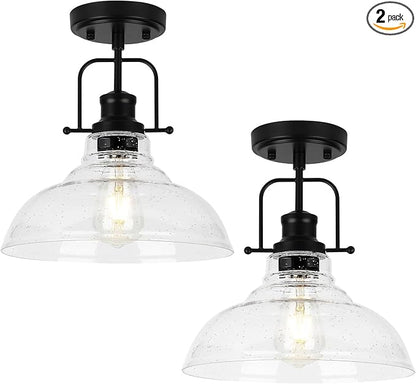 WILON 2 Pack 11'' Seeded Glass Ceiling Light Fixture Black Semi Flush Mount Ceiling Light Fixture Modern Farmhouse Lighting Fixture Ceiling Lamp for Kitchen Hallway Dining Living Room Entryway
