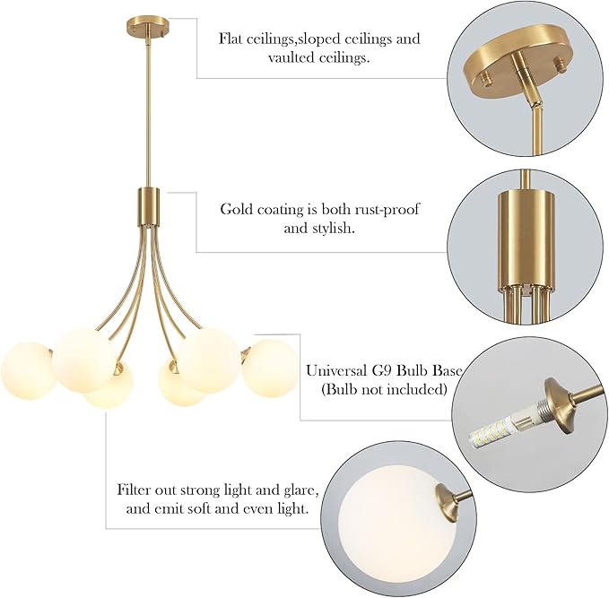 31.5" Modern Mid-Century Gold Sputnik Chandelier - 6-Light Adjustable Hanging Fixture with Milk White Glass Shades for Dining Room, Kitchen Island, Living Room, Bedroom, Foyer Lighting