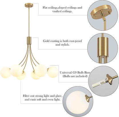 31.5" Modern Mid-Century Gold Sputnik Chandelier - 6-Light Adjustable Hanging Fixture with Milk White Glass Shades for Dining Room, Kitchen Island, Living Room, Bedroom, Foyer Lighting