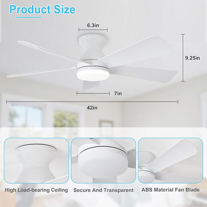Depuley Modern Ceiling Fan with Light: 42-Inch White Small Fans for Bedroom Indoor Outdoor - Dimmable Low Profile Ceiling Fans with Remote Control Flush Mount 5 Reversible White Blades 6 Speeds Timer