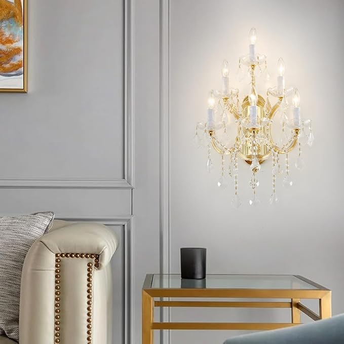 Large Modern Crystal Wall Lights - 6 Lights Maria Theresa Wall Lamp Chandelier Light Fixtures, Gold Wall Mounted Sconce for Hotel, Living Room, Hall, Lobby