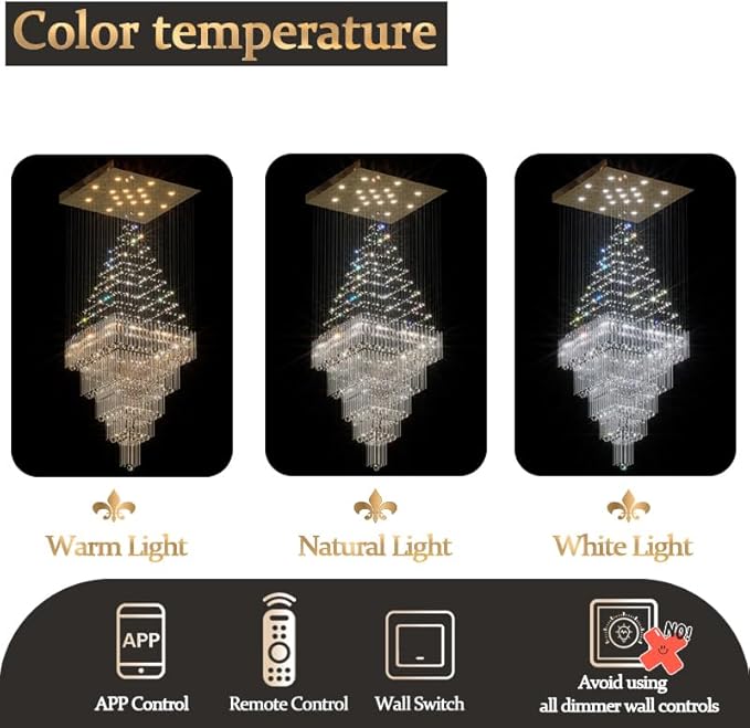 D40''X H100'' Extra Large Chandeliers for High Ceilings Crystal Raindrop Gold Chandeliers Large Villa Chandelier Entrance Foyer Square Ceiling Light LED Dimmable 2700K-6000K 16 led bulbs include