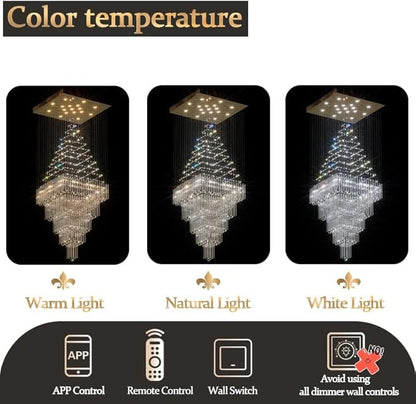 D40''X H100'' Extra Large Chandeliers for High Ceilings Crystal Raindrop Gold Chandeliers Large Villa Chandelier Entrance Foyer Square Ceiling Light LED Dimmable 2700K-6000K 16 led bulbs include