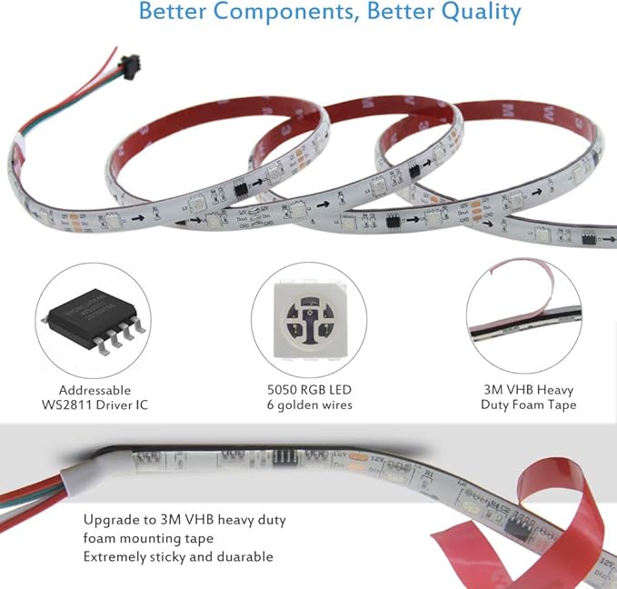 ALITOVE WS2811 LED Strip RGB Addressable LED Rope Light 12V 5m 150 LEDs Dream Color LED Lights Waterproof IP65 with Heavy Duty Self-Adhesive Back for Halloween Christmas Raspberry Pi DIY