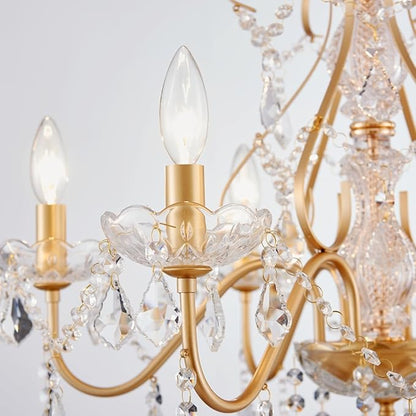 AGV LIGHTING Crystal Chandelier Gold 6-Light Candle Style Chandelier Lighting with Clear Crystal Pendants Elegant Dining Room Chandelier Light Fixture for Bedroom Living Room Foyer