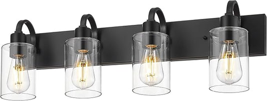 Emliviar Black Bathroom Vanity Light 4 Lights, Bath Lighting Over Mirror with Clear Glass Shade, YCE237B-4W BK